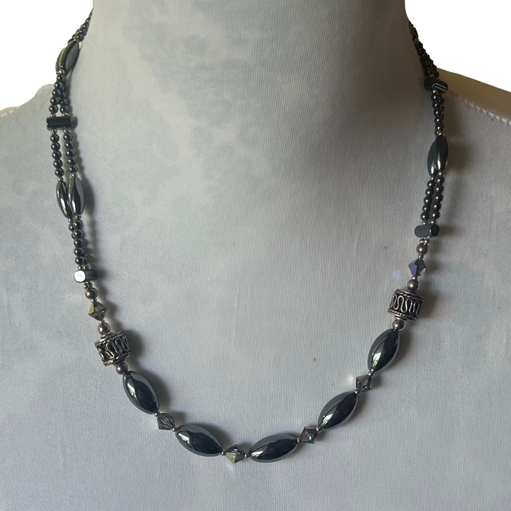 Genuine Hematite Beaded Necklace - Gunmetal Gray - Classic Statement Necklace